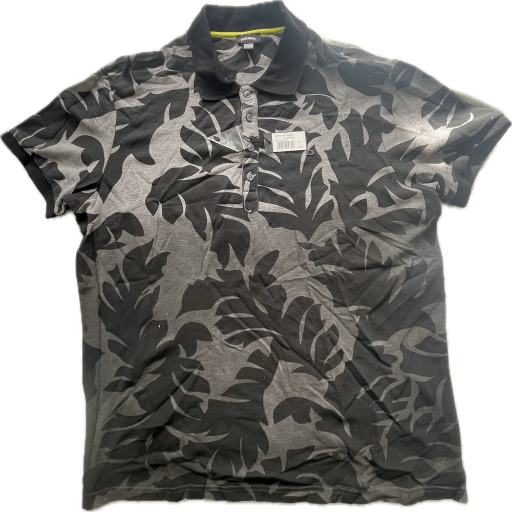 Diesel Black and Gray Leaf Pattern Polo Shirt